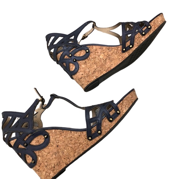 Adrienne Vittadini W Size 10 Gray Fine Leather Cork Wedges with Geometric Design - Picture 16 of 16